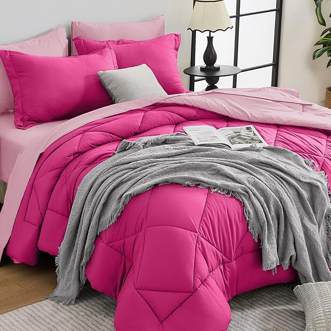 HEVUMYI Hot Pink & Baby Pink Queen Comforter Set - 7-Piece All Season Bed in a Bag Queen, Ultra Soft Bedding Set with Comforter, Flat Sheet, Fitted Sheet, Pillowcases, Pillow Shams