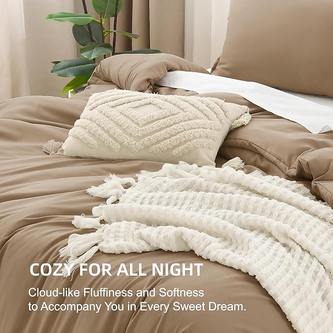 Litanika Taupe Comforter Set Full Size, 3 Pieces Solid Bedding Comforter Set, All Season Fluffy Bed Set (79x90In Comforter & 2 Pillowcases)