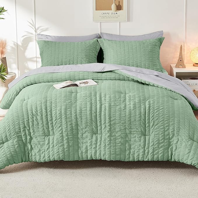HYMOKEGE Sage Green/Light Grey Twin Comforter Set Seersucker 5 Pieces, All Season Luxury Bed in a Bag for Bedroom, Bedding Set with Comforter, Sheets, Pillowcase & Sham