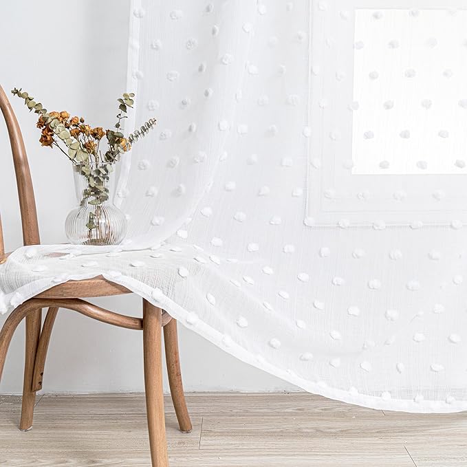 MYSKY HOME Short Curtains for Small Window - 45 Inch Long White Sheer Voile Panels with Pom Pom Trim for Kitchen, Bedroom, Living Room, Cafe, Nursery - 2 Sets - 52 x 45 Inch