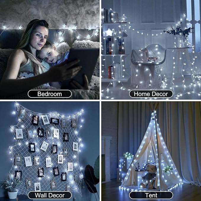 Brightown Star String Lights Battery Operated - 17 ft 50 LED Star Fairy String Lights with Remote and Timer, 8 Modes Waterproof for Bedroom Tent Loft Bed Patio Party Wedding Decor, White