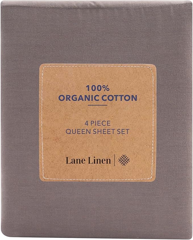 LANE LINEN 100% Organic Cotton Full Size Sheets, Hotel Like Crisp Percale Low Pill Fade Resistant Reinforsed Seam Cotton Sheets, Naturally Cooling 15" Deep Pocket Full Bedding Set- Charcoal