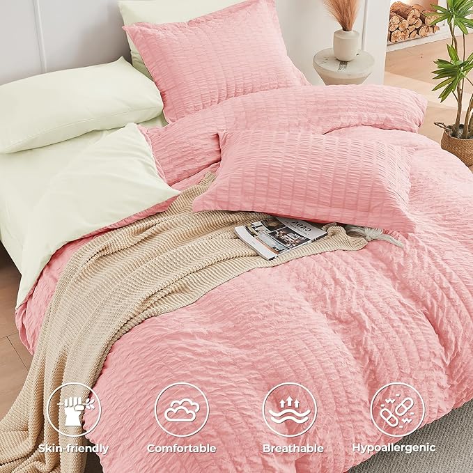 HYMOKEGE Pink/Ivory Queen Comforter Set Seersucker 7 Pieces, All Season Luxury Bed in a Bag Queen for Bedroom, Bedding Set with Comforter, Sheets, Pillowcases & Shams