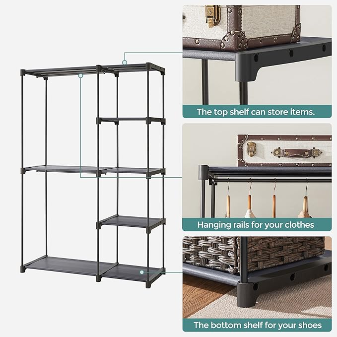 SONGMICS Portable Closet, Freestanding Closet Organizer, Clothes Rack with Shelves, Hanging Rods, Storage Organizer, for Cloakroom, Bedroom, 44.1 x 16.9 x 65 Inches, Gray URYG024G02