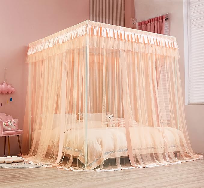 Mengersi Canopy Bed Curtains - Bed Canopy Royal Luxurious Cozy Drapes Netting- Elegant Bedroom Decoration Accessories for Adults(Queen,Peach)