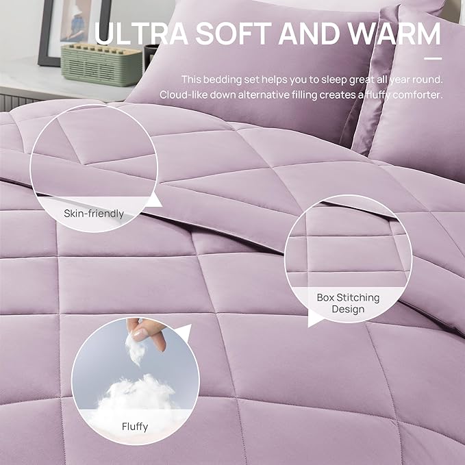 Love's cabin Queen Comforter Set Light Purple, 7 Pieces Queen Bed in a Bag, All Season Bedding Sets with 1 Comforter, 1 Flat Sheet, 1 Fitted Sheet, 2 Pillowcase and 2 Pillow Sham
