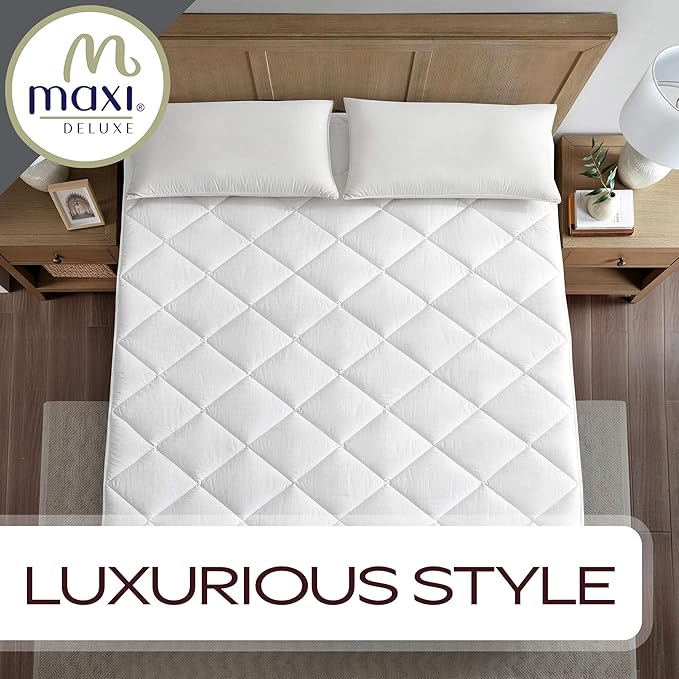 MAXI California King Mattress Pad - Luxurious Cotton Sateen Mattress Protector - Soft, Comfortable, and Breatheable Mattress Cover - Mattress Pad Protects Mattress from Dust, Dirt, Spills, and Stains