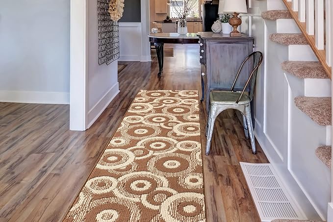 Custom Length Cut to Size Modern Farmhouse Carpet Runner Rug for Hallways, Non Slip Rubber Backed, 31 inch Wide X Customized Length, Geo Brown, 31 inch X 8 feet