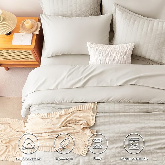 CozyLux Twin XL Comforter Set with Sheets Seersucker Beige 5 Pieces Bed in a Bag, Twin Extra Long Luxury Soft Bedding Sets for College Dorm with Down Alternative Comforter, Sheets, Pillowcases & Shams