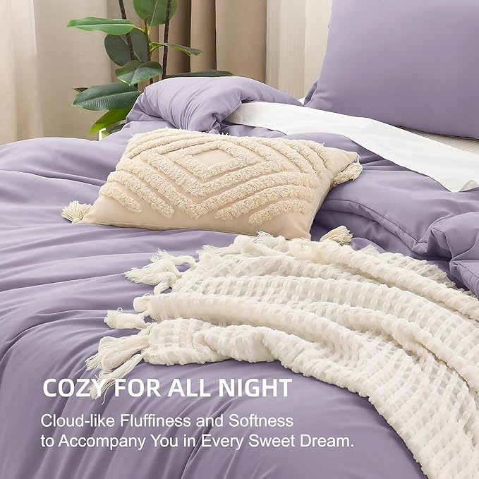 Litanika Grayish Lavender Purple Comforter Set Full Size, 3 Pieces Lightweight Solid Bedding Comforter Set, All Season Fluffy Bed Set (79x90In Comforter & 2 Pillowcases)