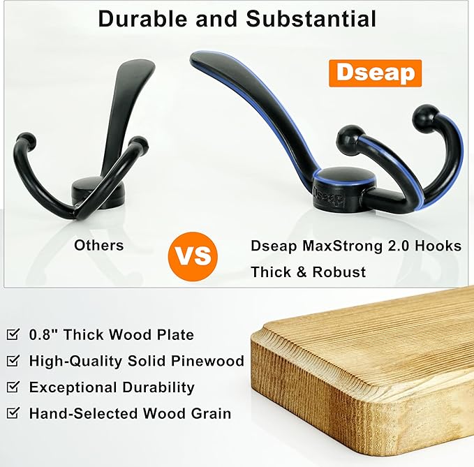 Dseap Coat Rack Wall Mounted - 5 Tri Hooks, Heavy Duty, Wooden Wall Coat Hanger Coat Hook for Clothes Hat Jacket Clothing, White & Black, Pack of 2