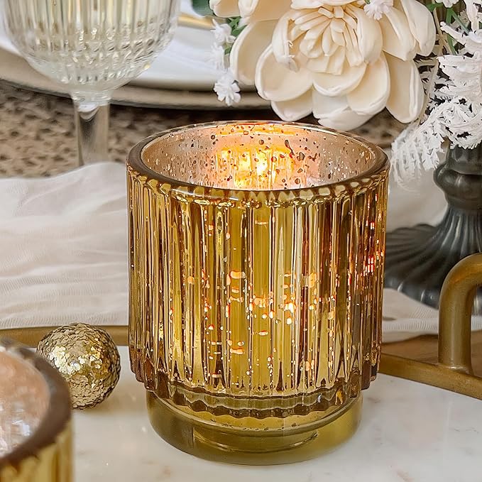 Kate Aspen Vintage Fluted Gold Glass Votive Candle Holders and Tea Lights Candles - Gold Candle Holders Set of 6 for Boho Home Decor, Kitchen Shelf and Bookshelf Decor, Rustic Table Decorations