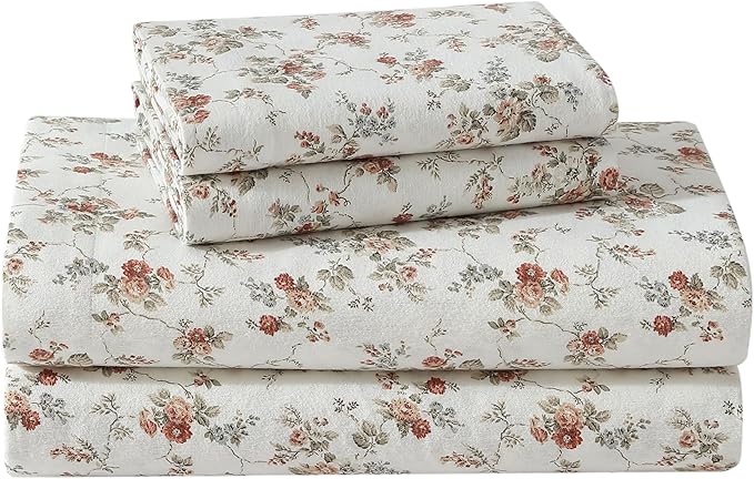 Laura Ashley - Flannel Sheets Queen Size, Anti-Pilling & Wrinkle Resistant Cotton, Touchably Soft for All-Season Comfort - Bed Sheets with Matching Pillowcases & Fitted Sheet (Le Fleur Orange)