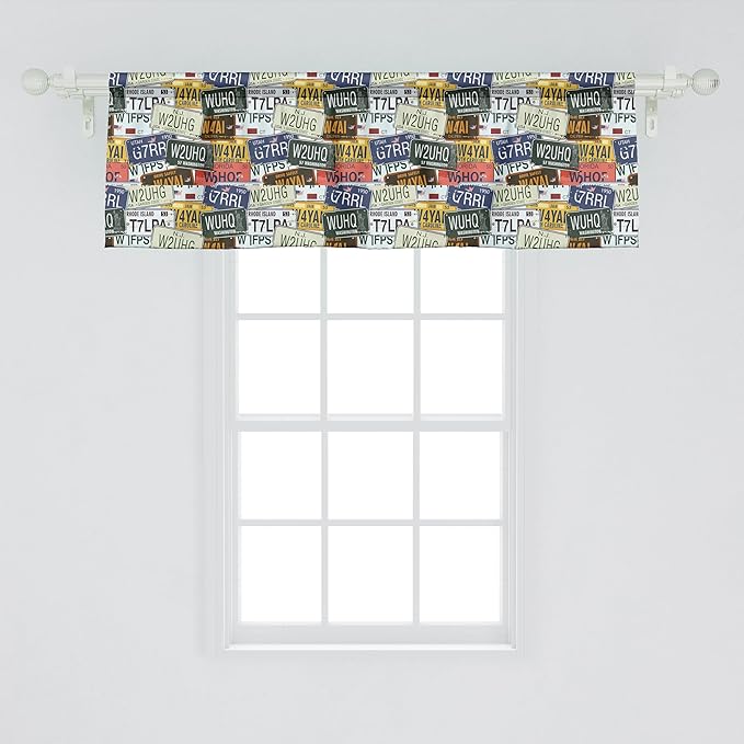 Ambesonne Vintage Window Valance Pack of 2, Original Retro Style License Plates Personalized Creative Travel Vacation, Rod Pocket Curtain Valances for Kitchen Bedroom, 54" X 18", Green Blue Yellow