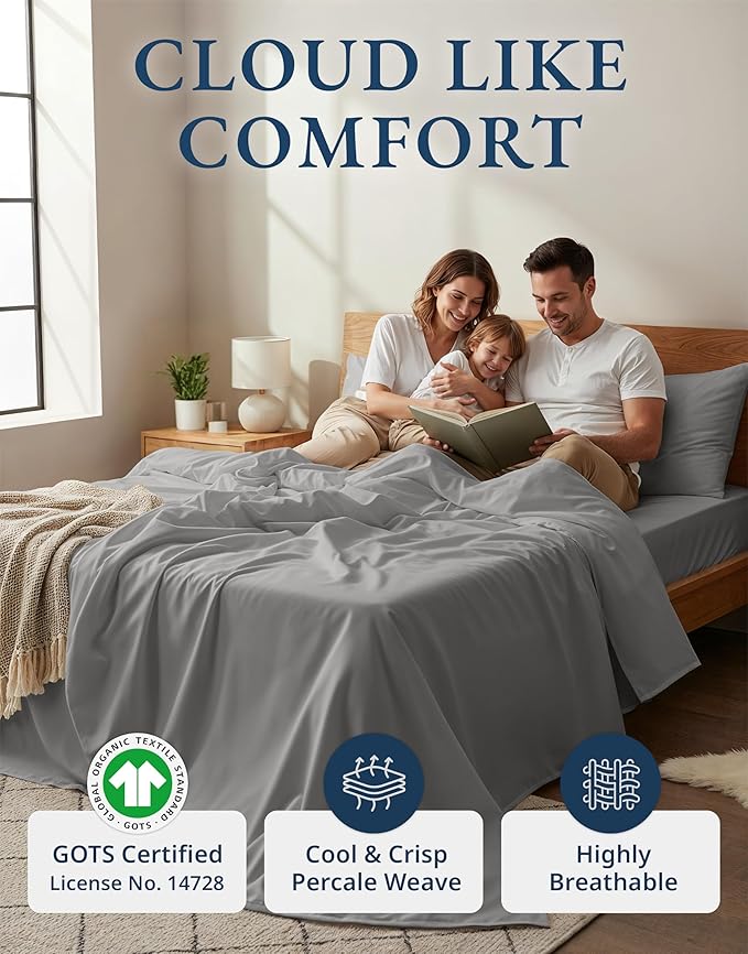 LANE LINEN 100% Organic Cotton Sheets Twin Size, Soft & Comfy Mercerized Fully Elasticized Naturally Temperature Regulating Sustainably Produced Luxury Hotel Quality Cotton Twin Sheet Set- Silver