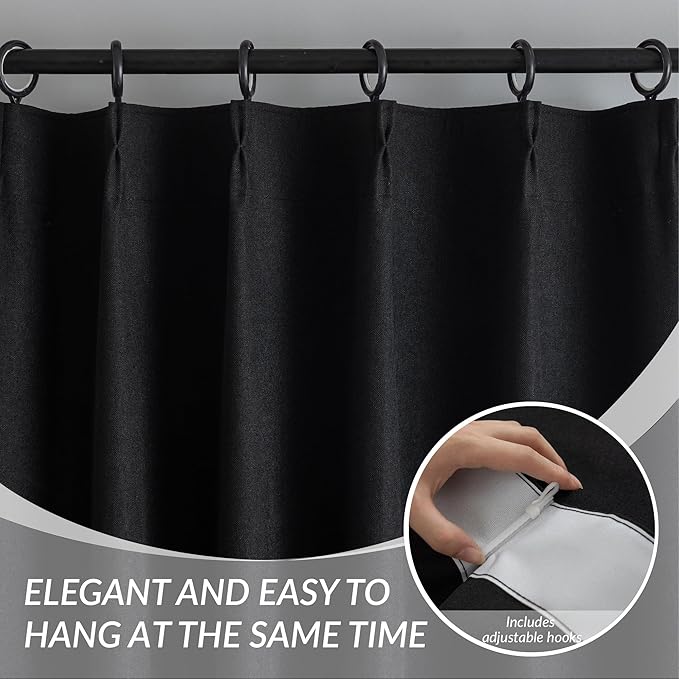 KangBang Pinch Pleat Black Out Linen Curtains 96 Inches Long, Noise Blocking Modern Pleated Drapes for Living Room with Hooks, Light Blocking Vertical Drapes for Office Hotel 2 Panels,40Wx96L, Black