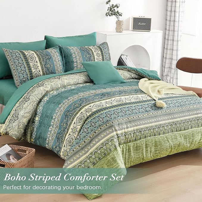 Cottolester Boho Queen Comforter Set 8 Pieces,Green Bohemian Comforter Paisley Striped Bed in A Bag,Soft Microfiber Bedding Set for All Season