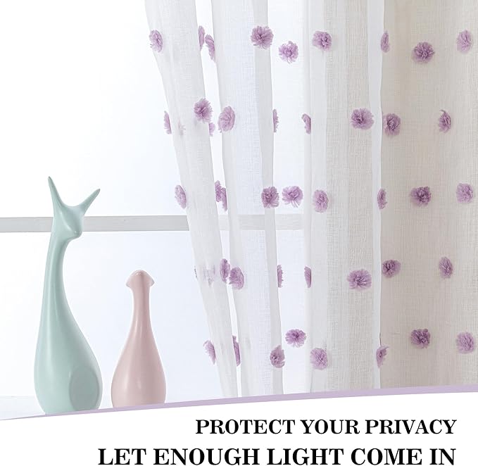 MYSKY HOME Purple Pom Pom Sheer Curtains for Bedroom and Living Room - 95 Inch Length Light Filtering Rod Pocket Window Backdrops for Large Sliding Doors - 52 x 95 in 2 Panels