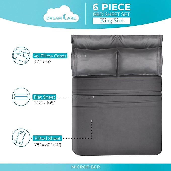DREAMCARE King Size Sheets Set – 6 pcs Cooling Bed Sheets – up to 21” Deep Pocket King Sheet Set - 2500 Supreme Collection – Extra Soft 100% Brushed Microfiber Hotel Luxury with Side Pocket - Gray