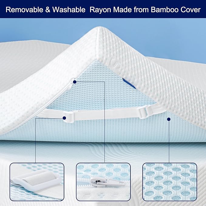 Subrtex 3 Inch Mattress Topper Cover (Only Cover) Mattress Topper Protector Bedding Rayon Made from Bamboo Removable Mattress Encasement with Zippers, King