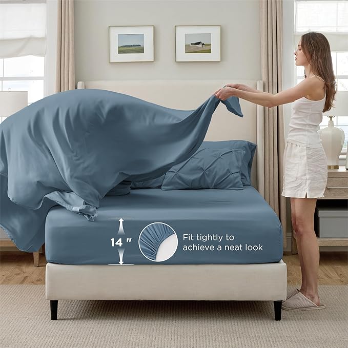 Bedsure King Size Comforter Set Mineral Blue - Bed in a Bag Bedding Set 7 Pieces, GentleSoft™ Pintuck Bed Set Gift for Family, Pinch Pleat Mineral Blue Comforter with Sheets, Pillowcases & Shams