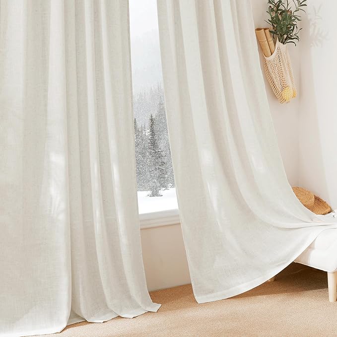 RYB HOME Thick Linen Curtains 63 inch Length for Dining Room Doorway, Light Filtering Soft Textured Privacy Machine Washable Boho Farmhouse Window Treatments, W 42 x L 63 inches, Linen, 2 Panels