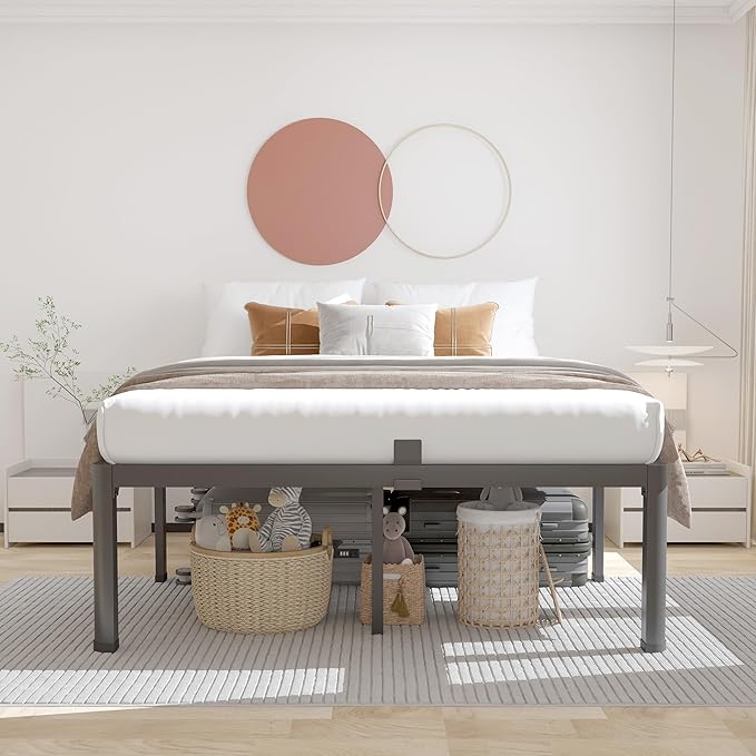 ROIL 14 inch Metal Queen Bed Frame with Rounded Corner and Headboard Hole Mattress Retainers 3500LBS Heavy Duty Steel Slats No Box Spring Needed Platform Noise-Free Easy Assembly