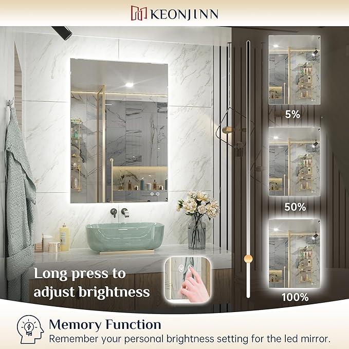 Keonjinn Bathroom Mirror with Lights 60 x 40 Inch, LED Mirror with Backlit, Anti Fog Lighted Mirror with Stepless Dimmable, UL Listed LED Driver, Waterproof, CRI90+, HD Tempered Glass