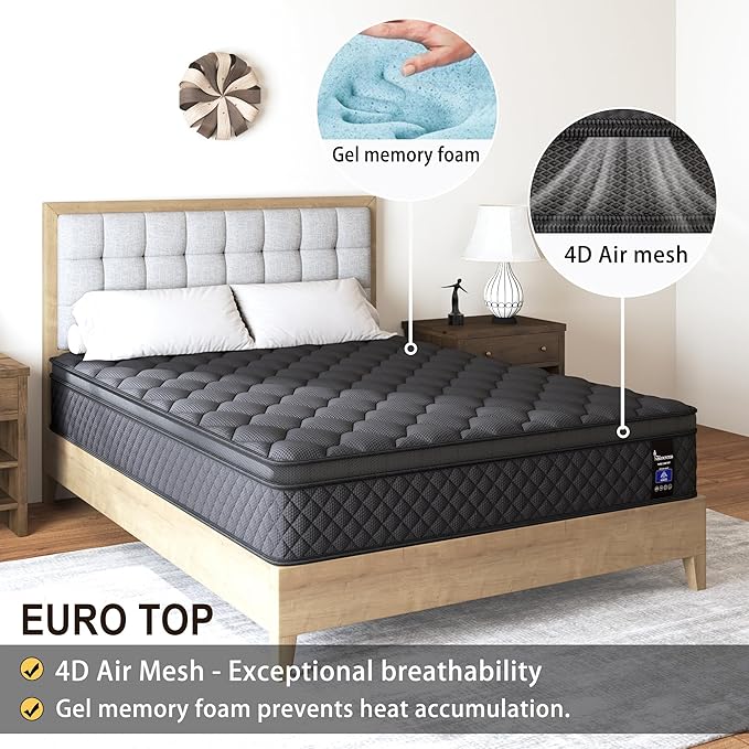 Full Mattress, 14 Inch Hybrid Mattresses Black Euro Top Medium Firm for Back & Lumbar Support, 100 Night Trial, Individual Pocket Spring Bed for Motion Isolation & Pressure Relief