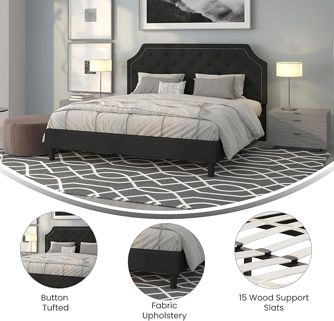Flash Furniture Brighton King Size Tufted Upholstered Platform Bed in Black Fabric