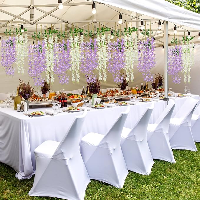 Giegxin 24 Pcs Artificial Wisteria Hanging Flowers 3.6 ft Artificial Fake Wisteria Vine Rattan Hanging Garland Silk Flowers String for Wall Home Wedding Party Greenery Decorations (Purple,White)