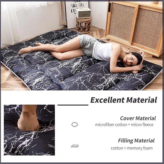 MAXYOYO Black Marble Printed Japanese Futon Floor Mattress, Thicken Sleeping Pad Floor Bed Roll Up Camping Mattress Folding Couch Bed Mattress Topper Guest Floor Mattress King