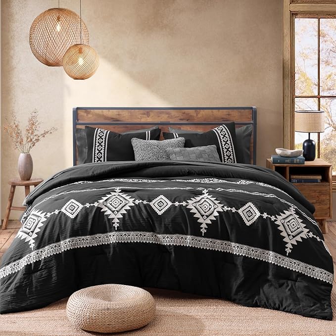 MaiRêve Embroidery California King Size Comforter Set Charcoal Black, Boho Farmhouse Western Bedding Set 7 Pieces, All Season Bed in A Bag Comforter Set with Sheets, Pillowcases & Shams