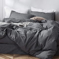 MooMee Bedding Duvet Cover Set 100% Washed Cotton Linen Like Textured Breathable Durable Soft Comfy (Heathered Dark Grey, Alaska King 132"x120")