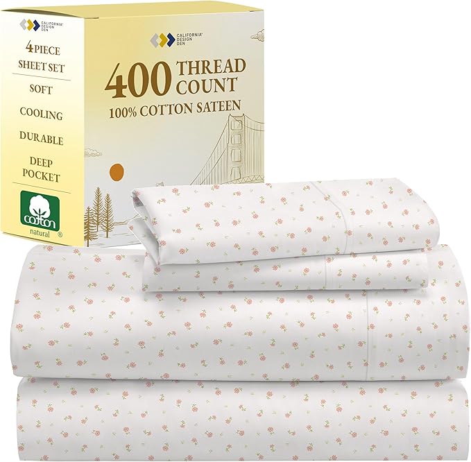 California Design Den Floral Print King Size Sheets Set - Luxury 400 Thread Count Sateen, Natural 100% Cotton Sheets King Size, Deep Pockets, Cooling and Durable Bedding Set - Soft Floral