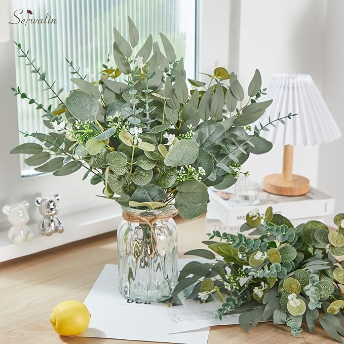 Serwalin 200pcs Artificial Mixed Eucalyptus Leaves Stems Bulk, 4Kinds Silver Dollar Eucalyptus Leaves Picks,Faux Eucalyptus Stems Sprays for DIY Bouquets Floral Arrangement Home Decor