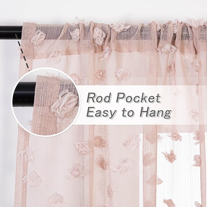 MYSKY HOME Pom Pom Pink Sheer Curtains for Bedroom Girls Room Dusty Rose Curtains 63 inch Length for Nursery Kids Light Filtering Boho Window Drapes, Rod Pocket, 52" Wide, 2 Panels