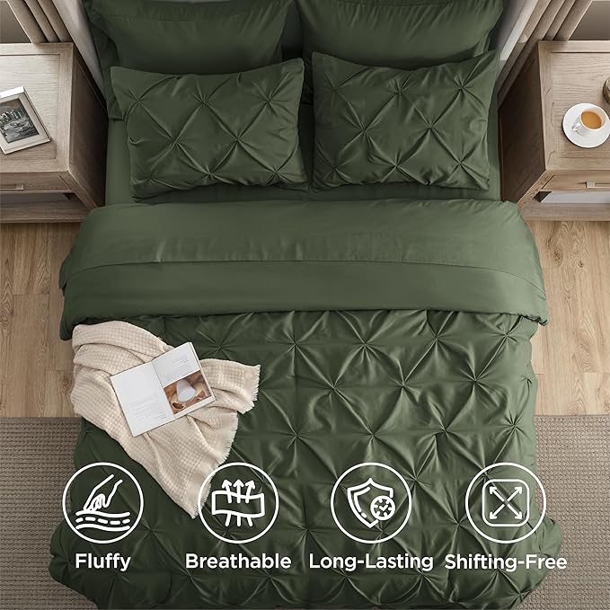 Bedsure Oversized King Comforter Set Olive Green - Bed in a Bag Bedding Set 7 Pieces, GentleSoft™ Pintuck Bed Set Gift for Family, Pinch Pleat Olive Green Comforter with Sheets, Pillowcases & Shams