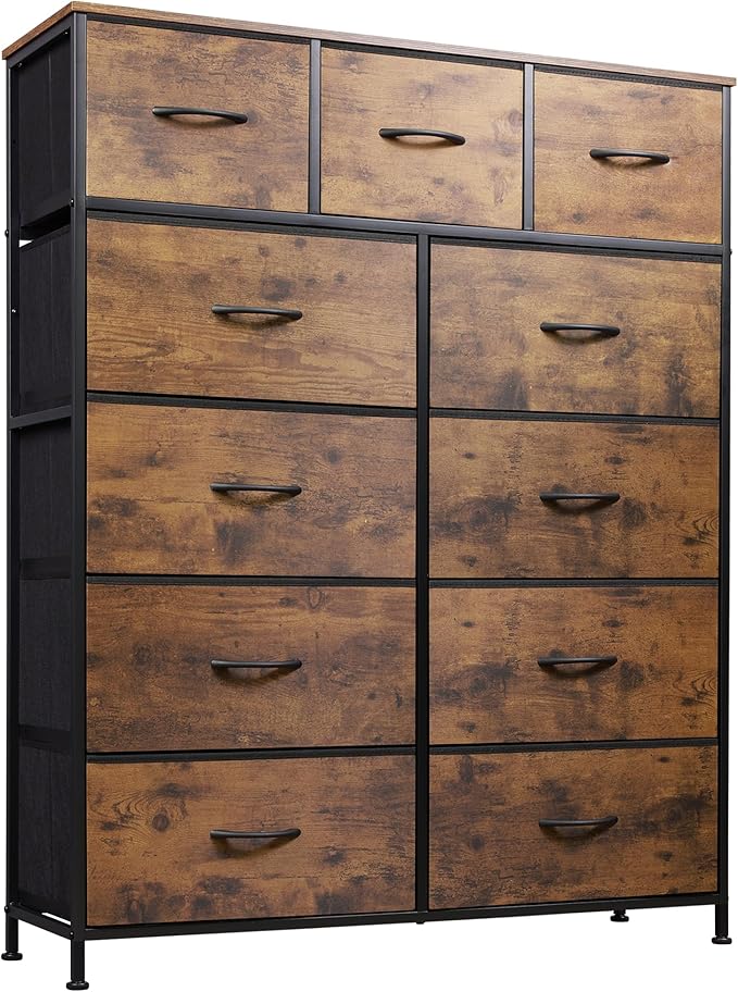 WLIVE Storage Organizer Unit with 11 Fabric Bins, Storage Drawers Organizer with Steel Frame, Tall Storage Tower Organizaton for Living Room, Hallway, Office, Rustic Brown