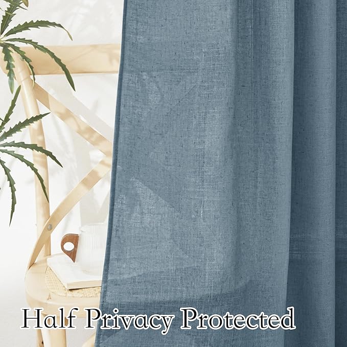 RYB HOME Stone Blue Sheer Curtains 84 inch Length Soft Linen Texture Curtains Light Glare Filering Privacy Window Decor for Living Room Sliding Door Picture Window, W 52 x L 84 inch, 2 Panels