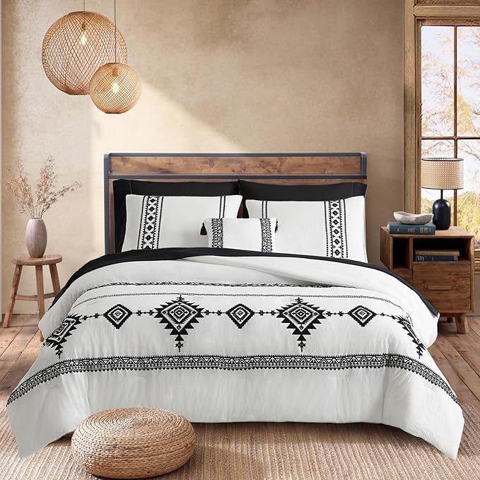 MaiRêve Embroidery Comforter Set King Size 7 Pieces, Boho Farmhouse Western Bedding All Season Bed in A Bag, White Black King Comforter Set with Sheets, Pillowcases & Shams