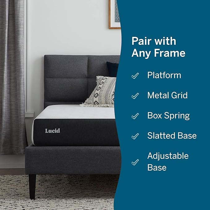 Lucid 8 Inch Memory Foam Mattress - Medium Firm Feel - Infused with Refreshing Bamboo Charcoal and Cooling Gel - Bed in a Box - Temperature Regulating - Pressure Relief - Breathable - Queen Size