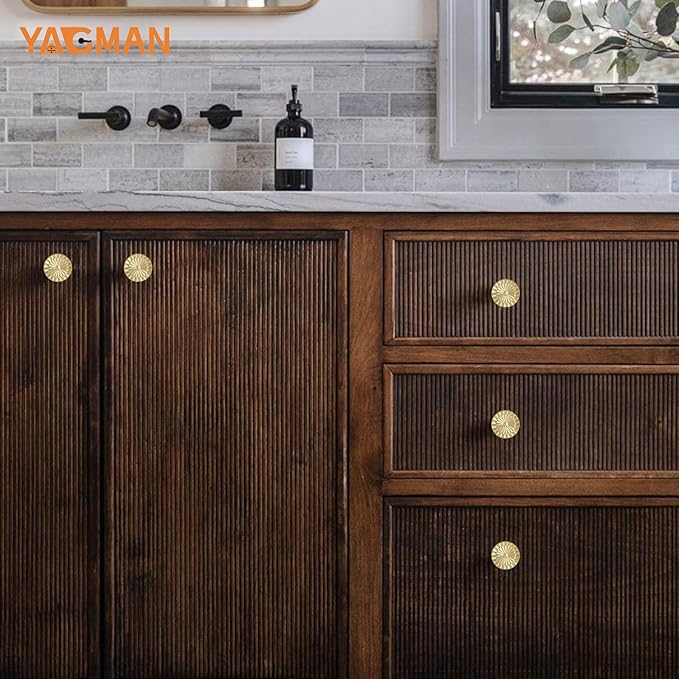 Brushed Gold Cabinet Knobs 6 Pack Round Sunflower Dresser Knob Drawer Hardware Furniture Cupboard Handles for Bathroom Kitchen SH-BG-K6