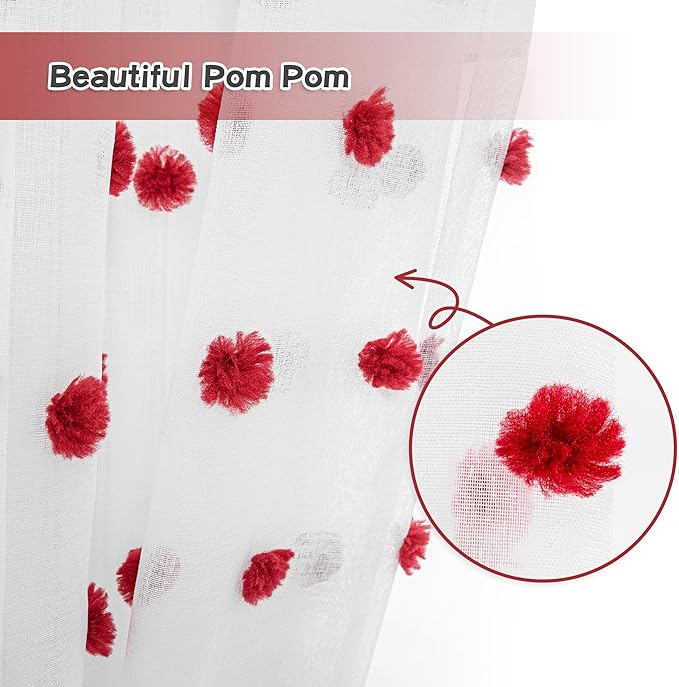 MYSKY HOME Short Curtains for Bedroom 54 Inches Long Merry Christmas Red Pom Pom White Sheer Curtains Kitchen Bathroom Nursery Boys Kids Room Rod Pocket 2 Pieces Small Window 52" x 54"