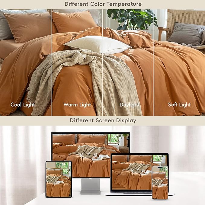 MooMee Bedding Duvet Cover Set 100% Washed Cotton Linen Like Textured Breathable Durable Soft Comfy (Solid Burnt Orange, Palatial King/Oversized King 120"x98")
