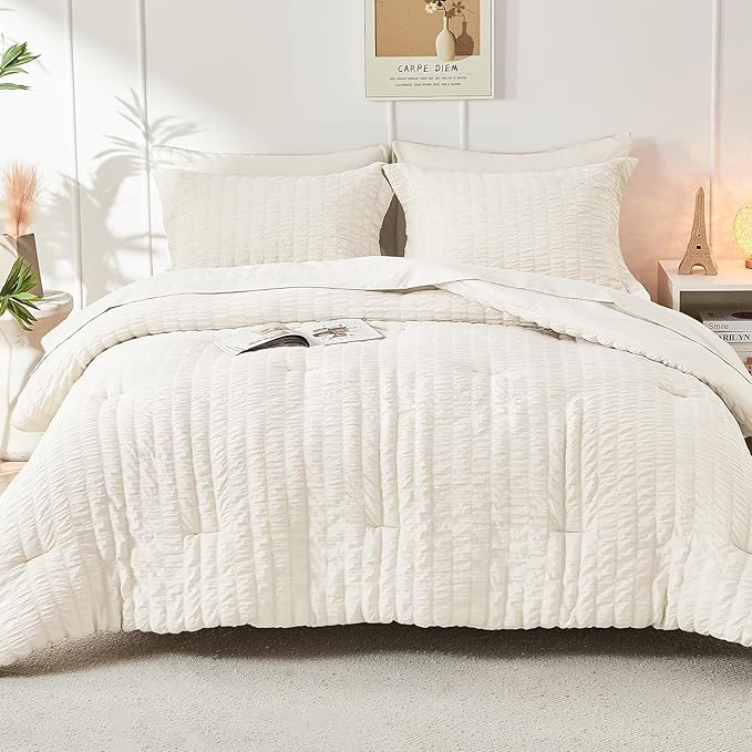 HYMOKEGE Ivory Queen Comforter Set Seersucker 7 Pieces, All Season Luxury Bed in a Bag for Bedroom, Bedding Set with Comforters, Sheets, Pillowcases & Shams