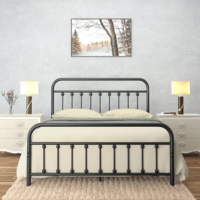 Golden Gate Beds Victorian Vintage Style Metal Bed Frame with Wrought Iron Headboard and Footboard, Classic Platform Bedframe with Storage, No Box Spring Needed, Mattress Foundation, Black, Full Size