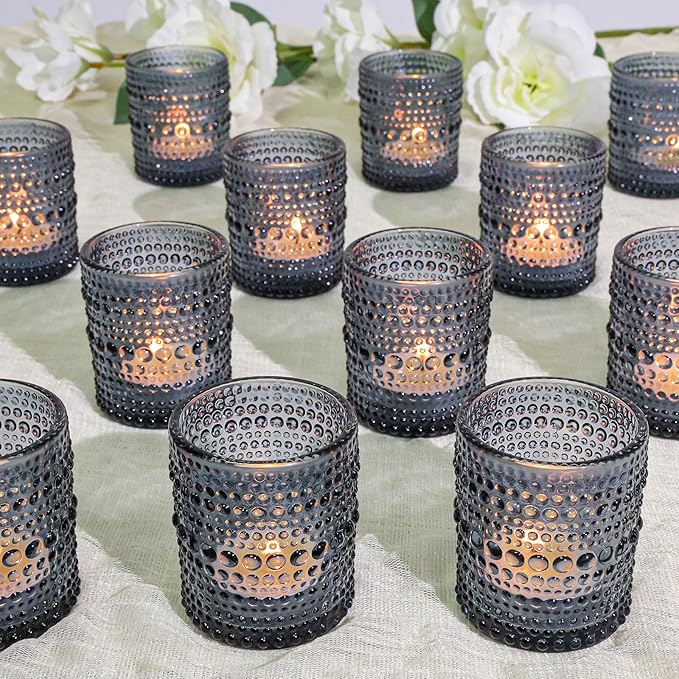24 Pcs Votive Candle Holders, Dark Blue Glass Candle Holder Bulk for Table Centerpiece, Tea Lights Candle Holders for Wedding Shower, Party and Home Decor
