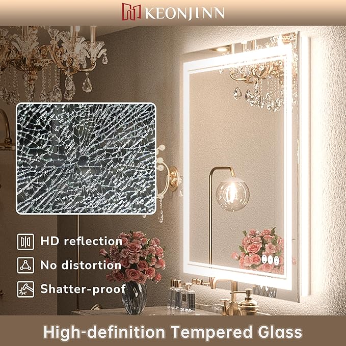 Keonjinn LED Bathroom Mirror 60" x 36" with Frontlit and Backlit, Tempered Glass Stepless 3 Colors Temperature & Dimmable Large Vanity Mirror, UL Listed LED Driver, Double Lights Anti-Fog Wall Mirror