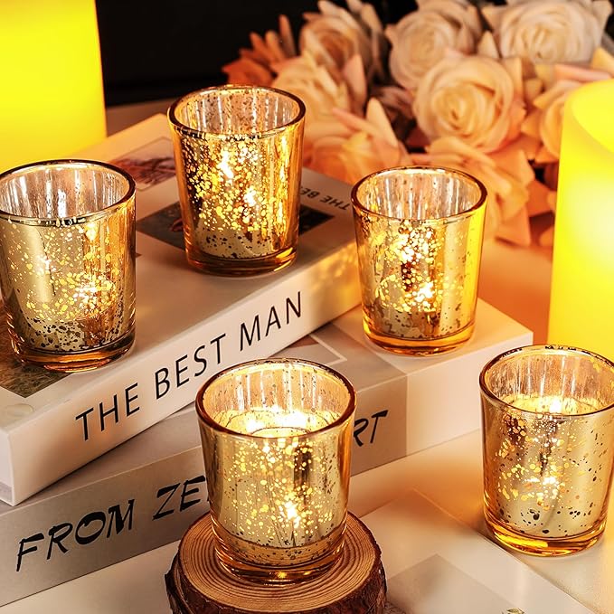Gold Votive Candle Holders Set of 24, Speckled Mercury Candle Holders for Wedding Gold Centerpiece Table Decorations, Tealight Candle Holder for Party Bridal Shower Decor, Home Decor